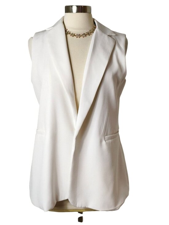 Danavis Jackets & Blazers - Womens M Sleeveless Blazer White Vest Notched Collar Pockets Elegant Chic